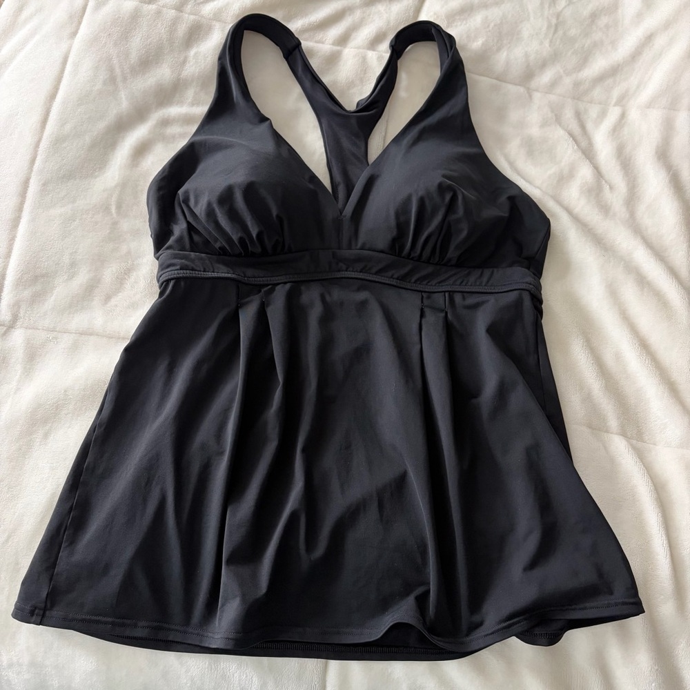 Lands End Black Tankini Racerback Swim Top V-neck Molded Cups Flowy Flattering